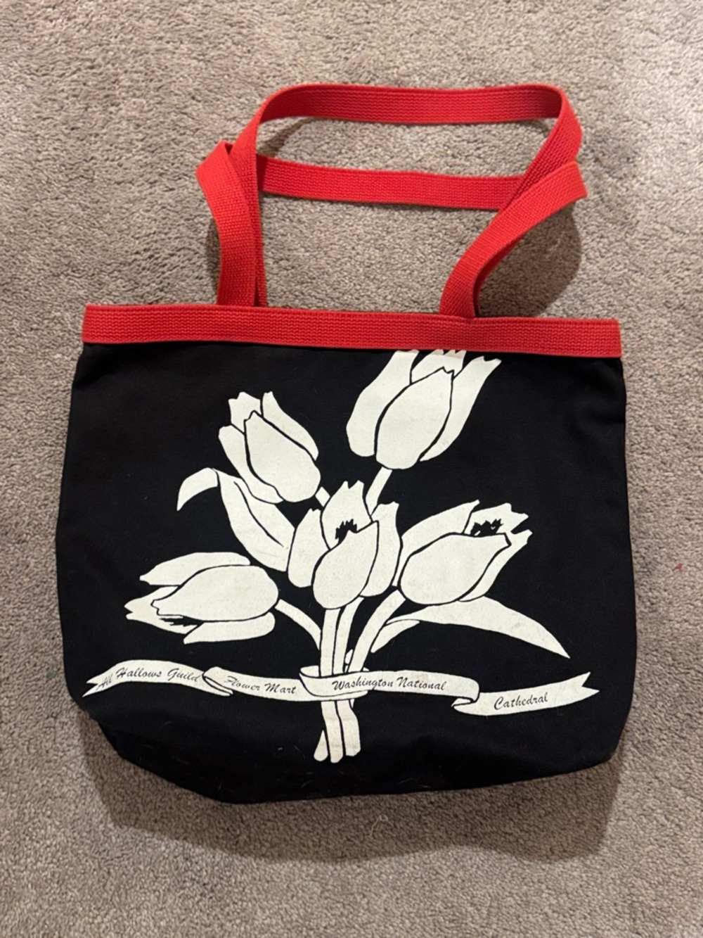 Washington Cathedral Flower Mart Black Canvas Tote Bag Floral Print Red Casual